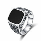 Masculine Black Agate Ring 12x14mm, Mens Vintage Sterling Silver Fine Jewelry, Wedding Band Gift for Him