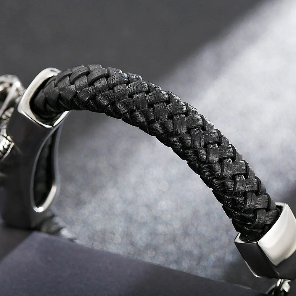 Punk Gothic Men's Snake Head Body Bracelet Man Distressed 316L Stainless Steel & Leather Wrap Bracelet for Men Animal