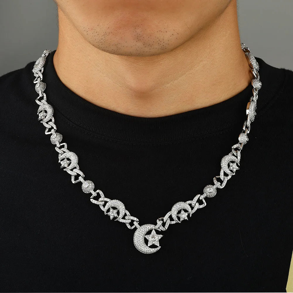 Iced Out Star Cuban Chain Necklace Moon CZ
