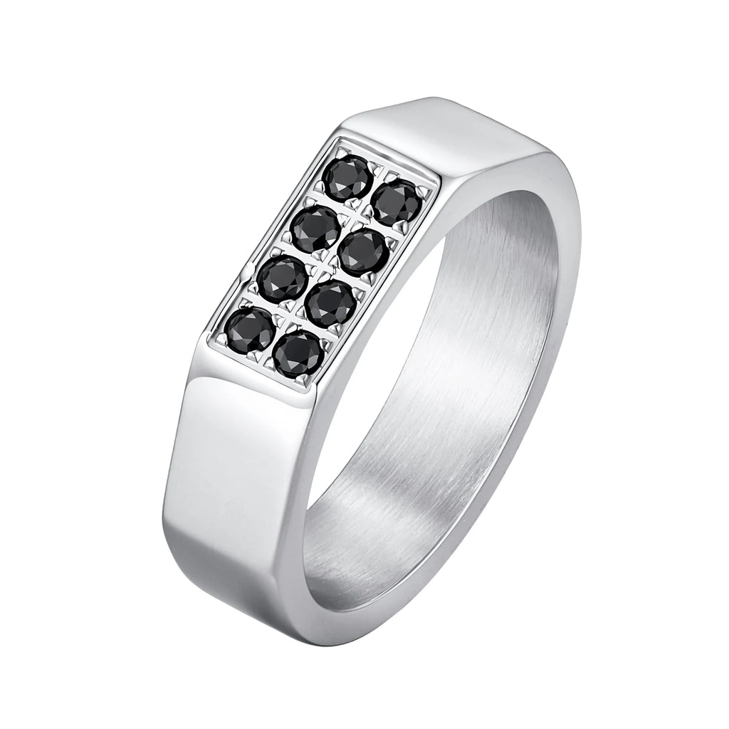 Men's Black Zircon Stainless Steel Ring, High Polished Silver Color Chunky Square Signet Ring, Punk Fashion Jewelry US