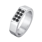 Men's Black Zircon Stainless Steel Ring, High Polished Silver Color Chunky Square Signet Ring, Punk Fashion Jewelry US