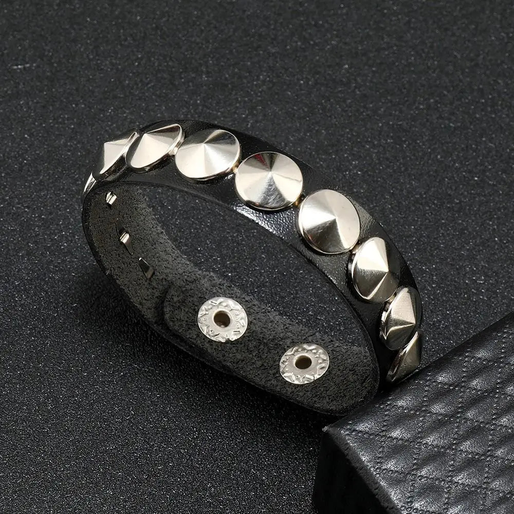 Gothic Round Rivet Leather Cuff Bracelet — Adjustable Bangle