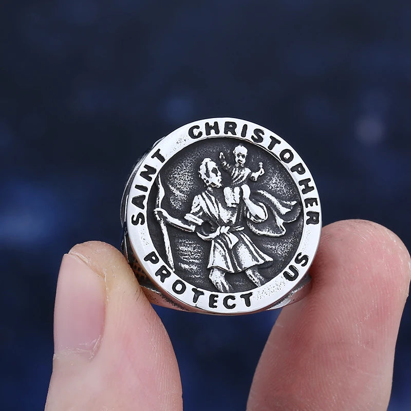 St. Christopher Polished Cross Ring — 316L Stainless Steel