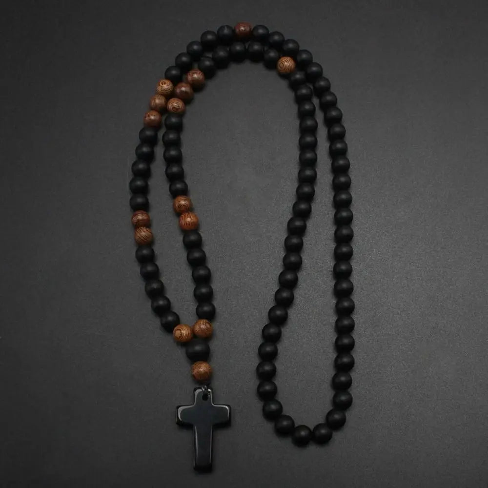 New Cool Rosary Cross Black Round Beads Tiger Eye Stone Cross Pendent Black Cross Pendant Matte Long for Men and Women