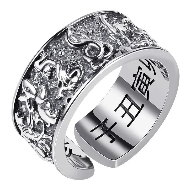 Stereoscopic Embossed Design Zodiac Mens Rings Retro Opening Adjustable Wide Ring New 925 Silver Manly Handsome Banquet Jewelry