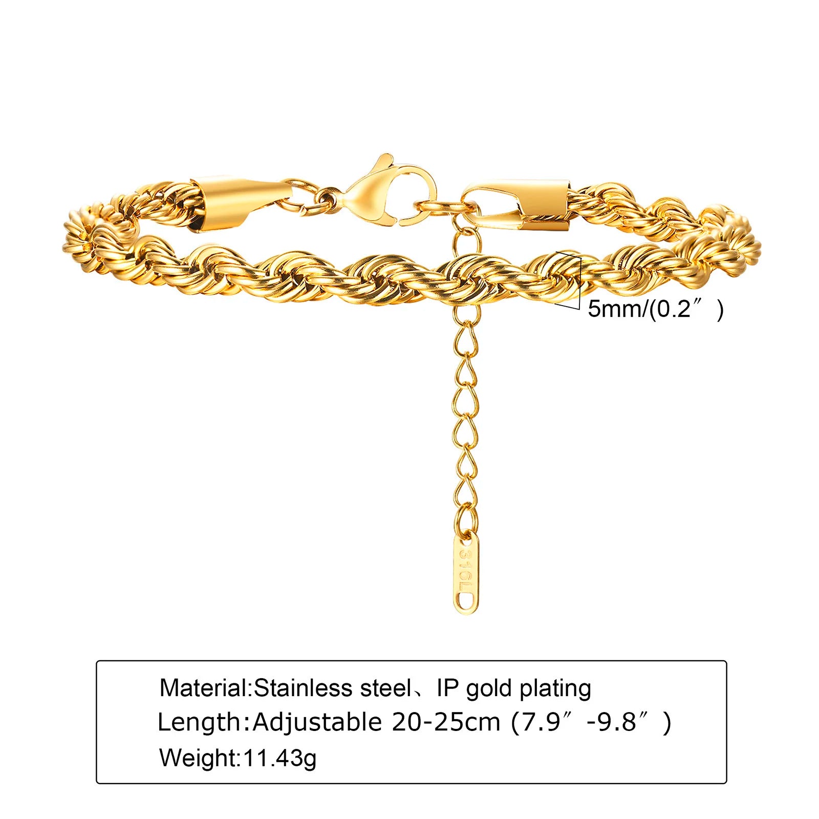 Gold Rope Chain Bracelet 5mm — Stainless Steel