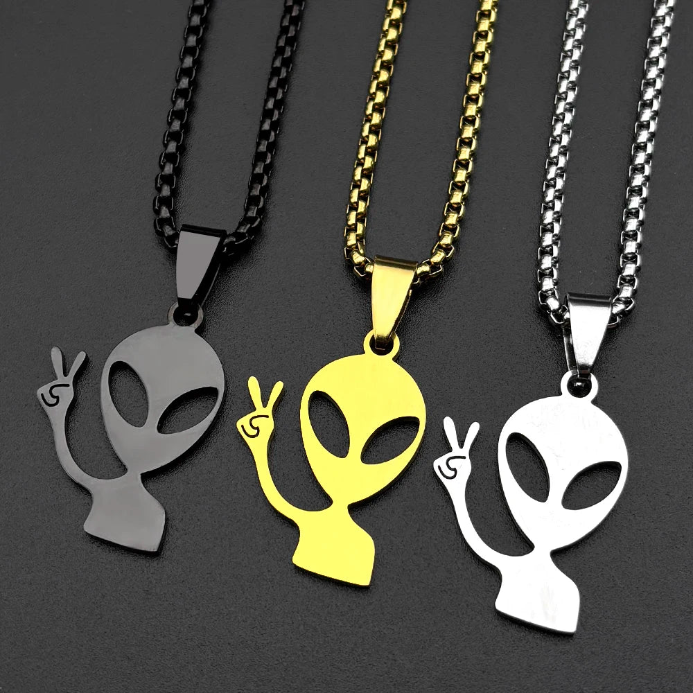 Funny Alien Yeah Pendant Necklace For Women Men Stainless Steel Silver Color Goth Streetwear Rapper Jewelry Chain