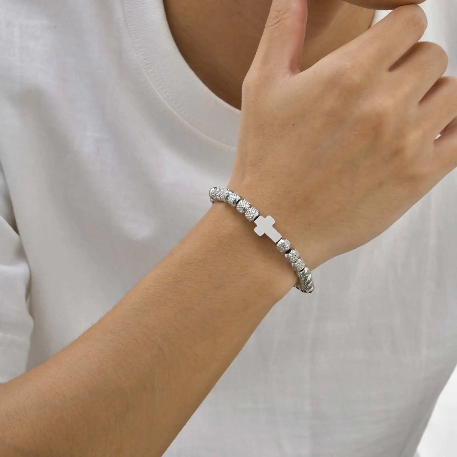 Cross Pineapple Bead Bracelet — Stainless Steel