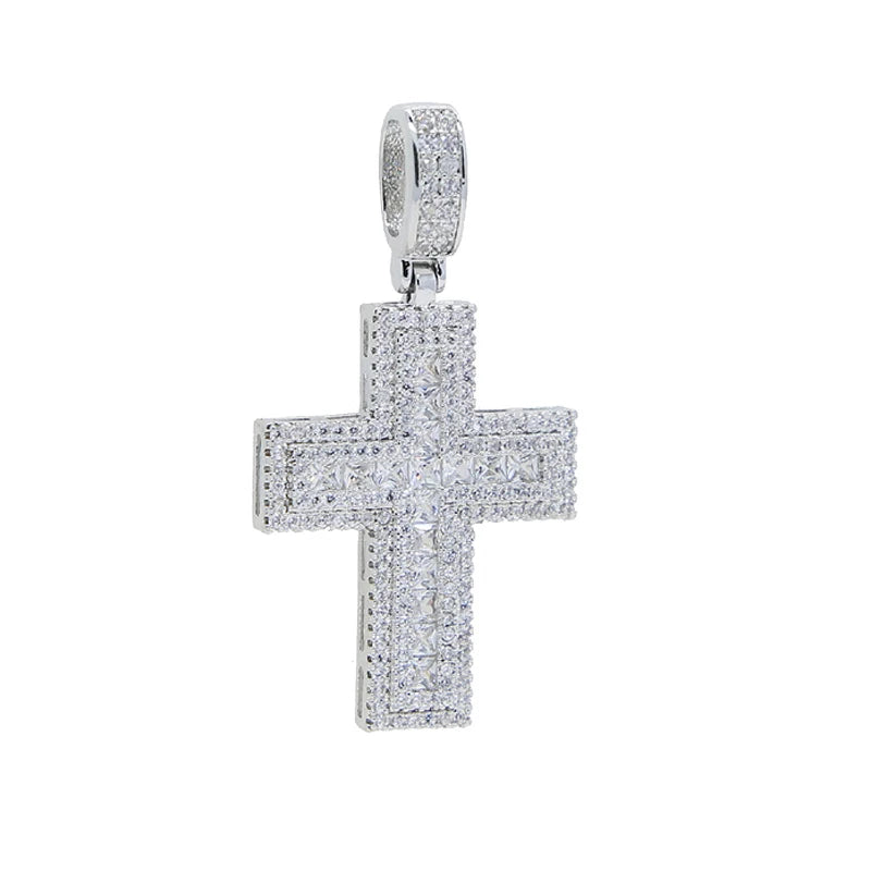 New Iced Out Bling CZ Cross Pendant Necklace Silver Color Prong Setting Cubic Zirconia Jesus Charm Men Women Hip Hop