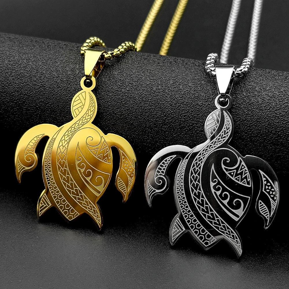 Polynesian Sea Turtle Pendant Necklace — Steel