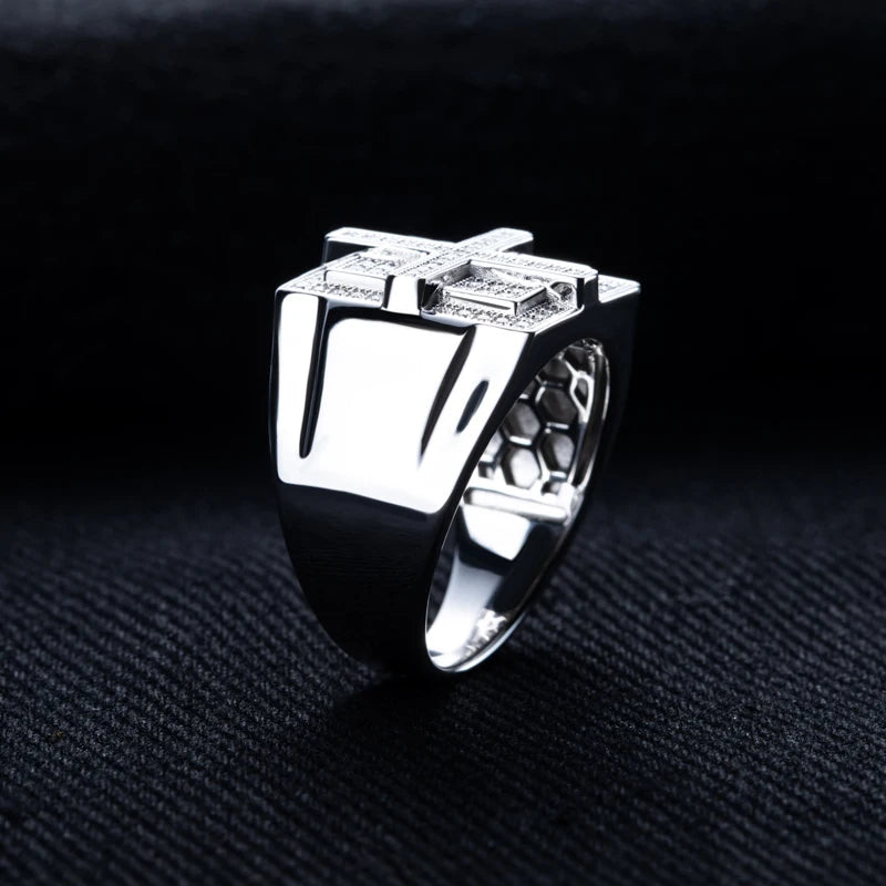 Iced Out Cross Ring — Two-Tone Silver Gold