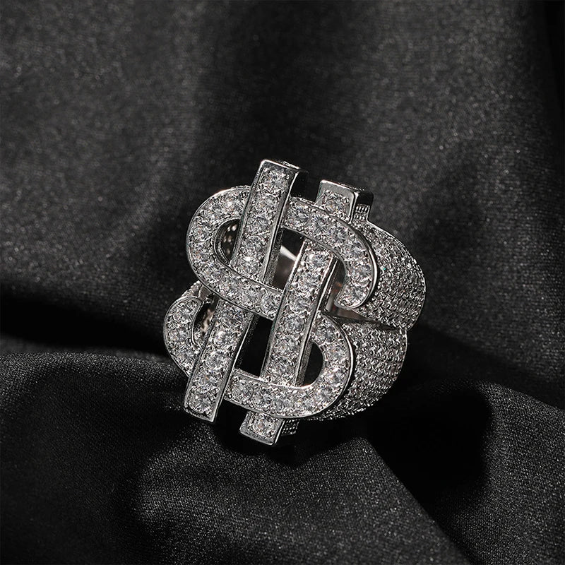 Iced Out Dollar Sign Ring for Men — Two-Tone CZ Pave