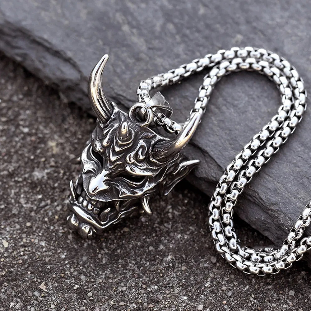 Two Color Golden Horn Demon Warrior Mask Pendant Stainless Steel Long Necklace Retro Punk Accessory For Men Women