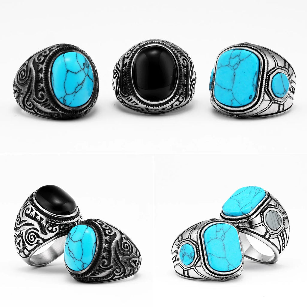 Turquoise Carved Ring — Stainless Steel