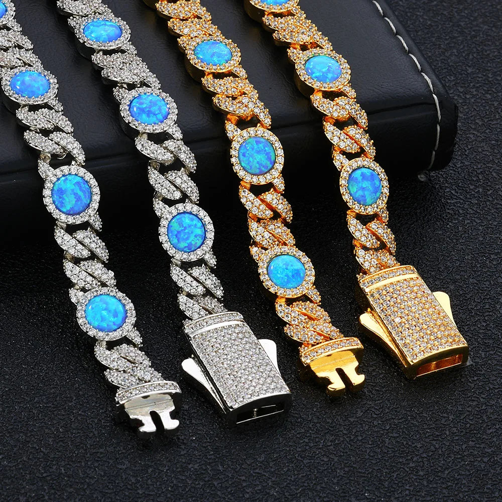 Cuban Iced Out Gold Necklace Blue Opal CZ
