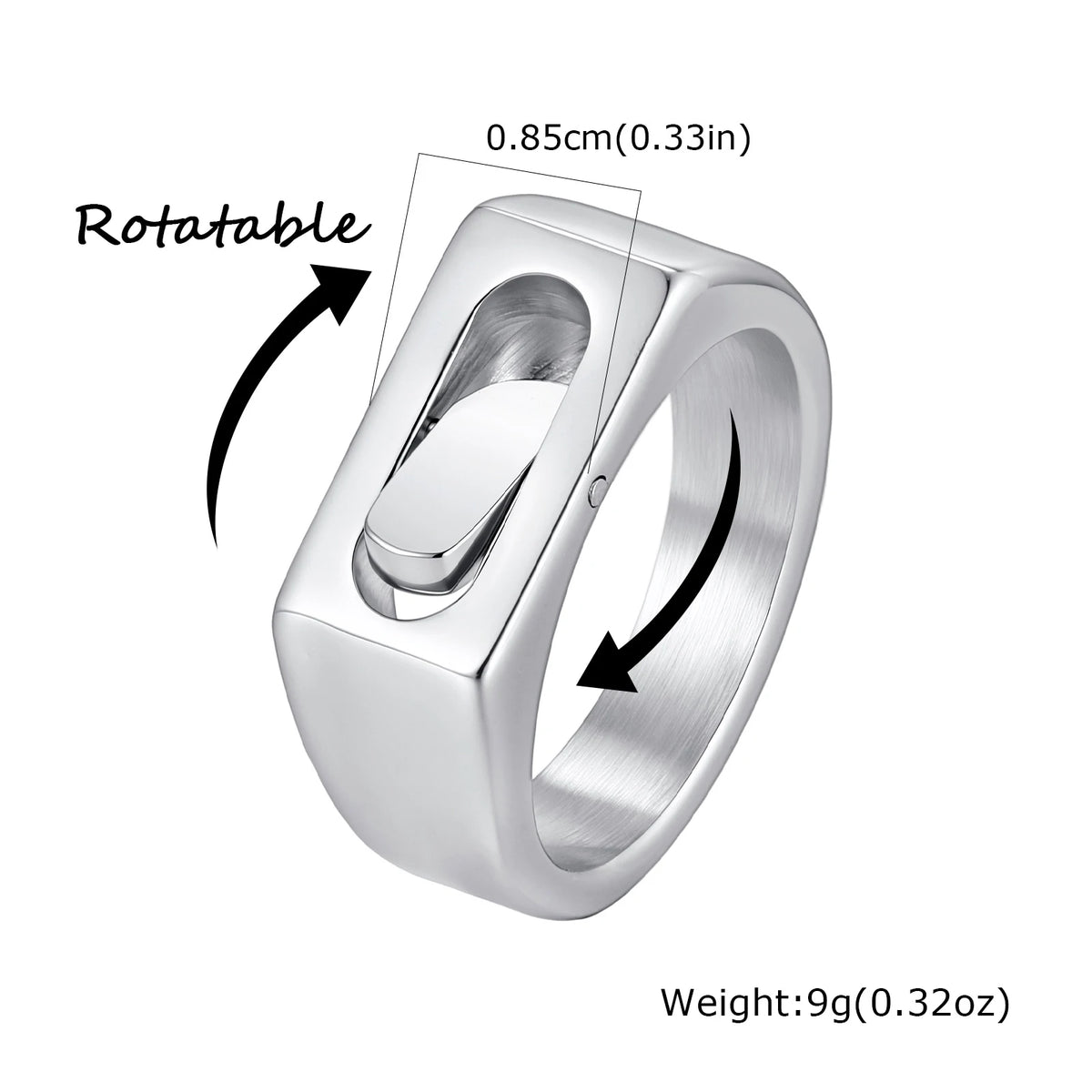 Rotatable Stainless Steel Spinner Ring for Men, Geometric Square Fidget Band Silver Color Daily Wear Jewelry Gift Size
