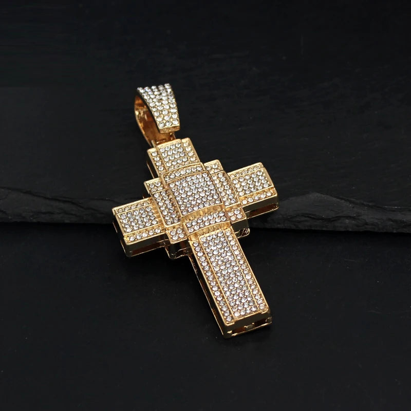 Iced Out Dollar Sign Cross Cuban Pendant — Gold