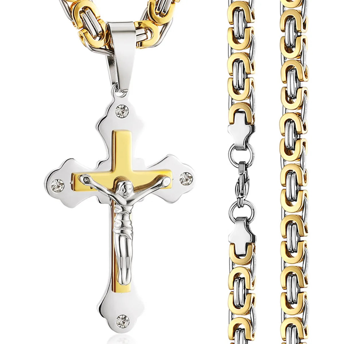 Crystal Crucifix Jesus Byzantine Chain Necklace — Stainless Steel