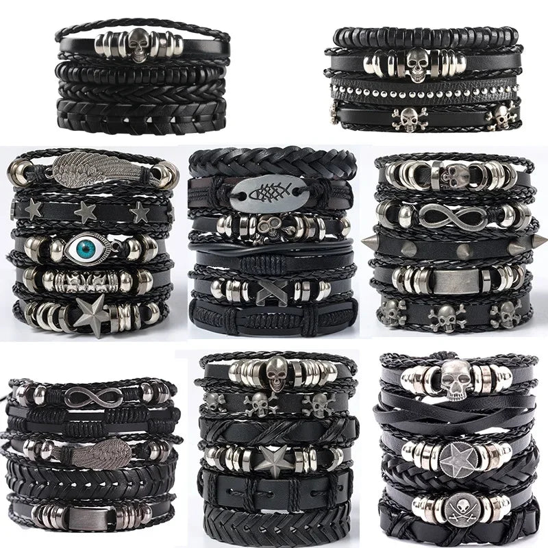 4/5/6pcs Evil Eye Wing Star Skull Diy Braided Punk Style Bracelet Set, Featuring Pu Leather And Beads Bracelet