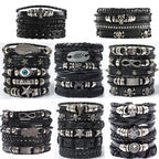 4/5/6pcs Evil Eye Wing Star Skull Diy Braided Punk Style Bracelet Set, Featuring Pu Leather And Beads Bracelet