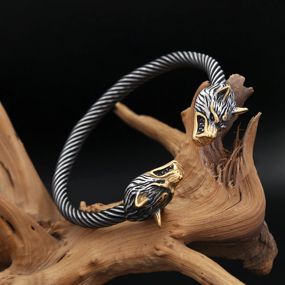 Viking Double Wolf Head Bracelet — Stainless