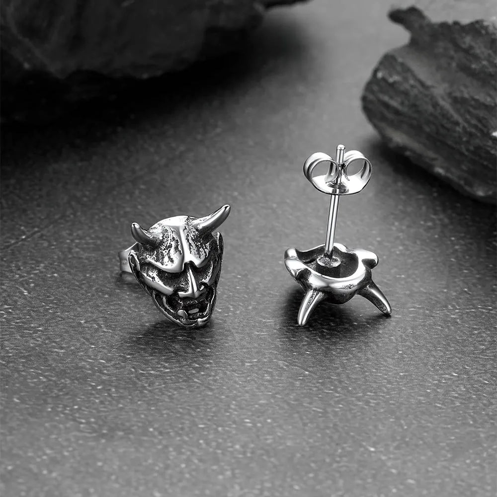 Japanese Oni Hannya Mask Stud Earrings — Stainless Steel