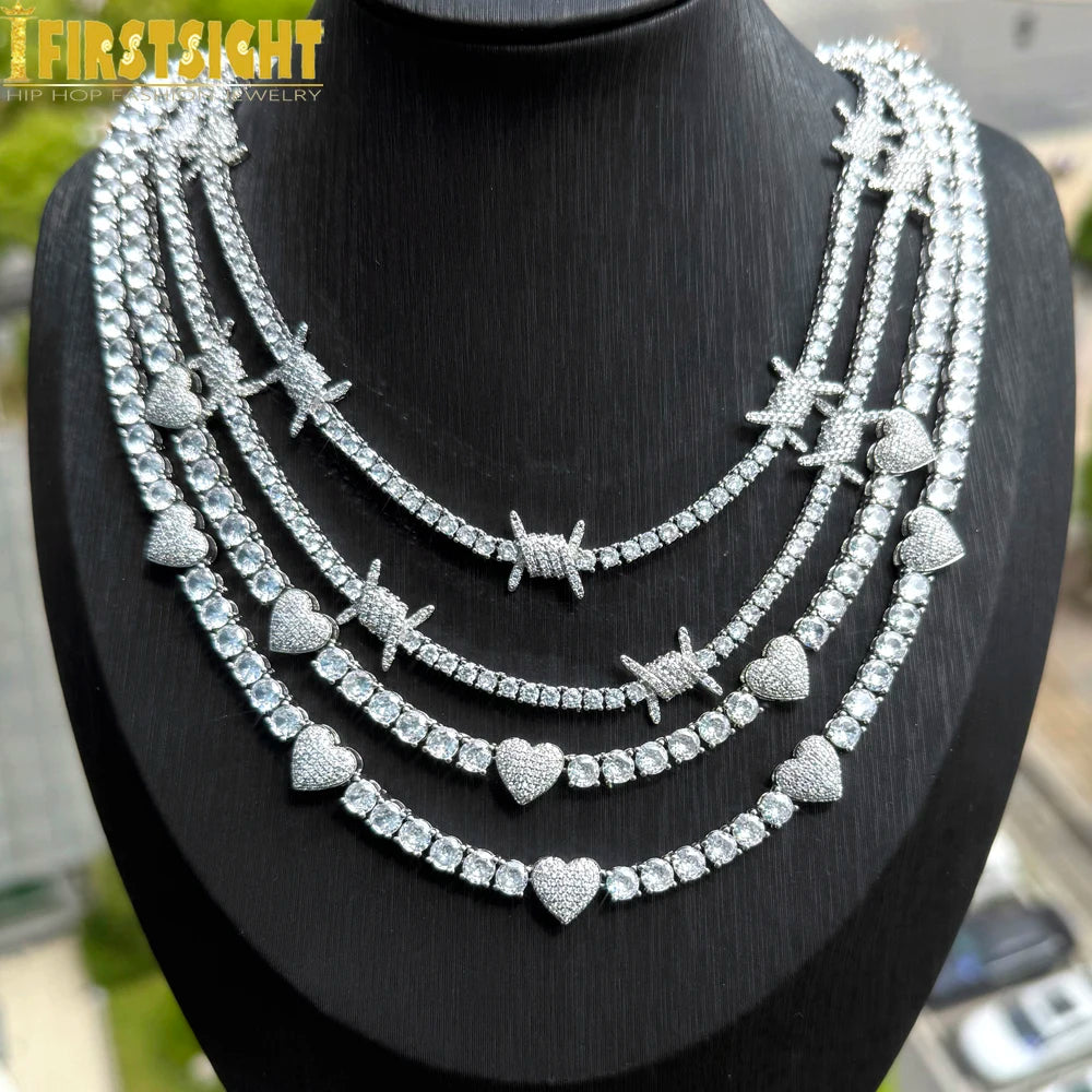 2025 New Iced Out Bling Heart Pendant Necklace Silver Color AAA Zircon 5mm Tennis Chain Charm Women Men Hip Hop Fashion
