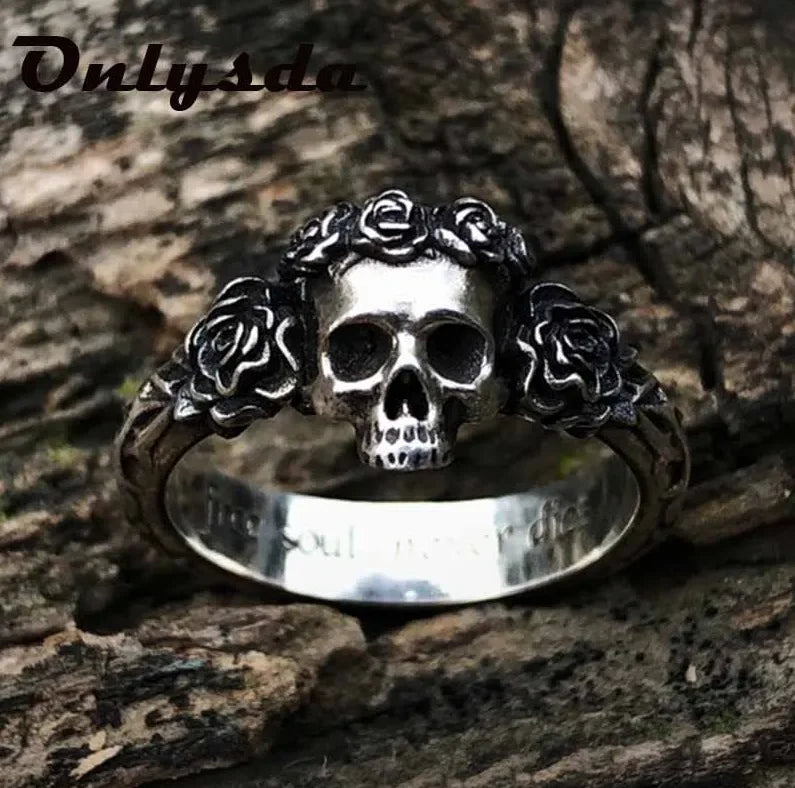 Unique Black Mens Flower Skull Ring 316L Stainless Steel Heavy Rings for Men Male Bijoux Punk Biker Fashion Party