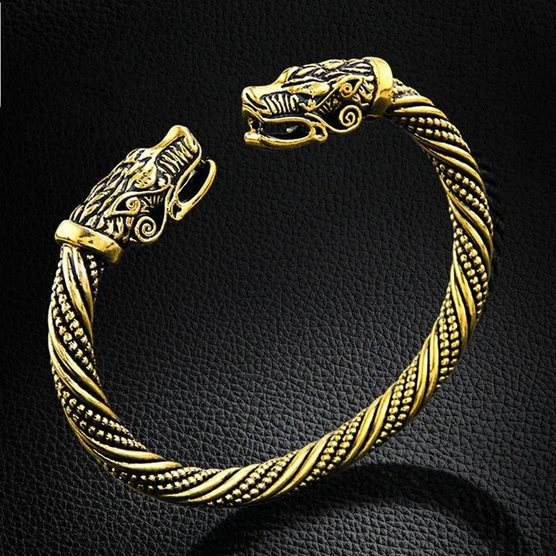Classic Animal Viking Double Wolf Head Adjustable Bracelet Men Stainless Steel Bracelet Fashion Double Snake Heads