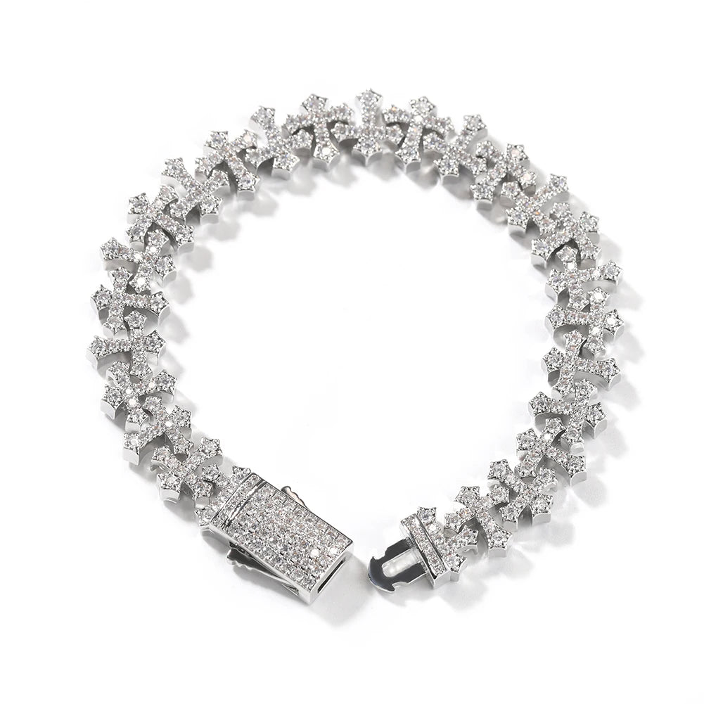 Uwin 11.5mm Cross Link Chain Bracelet For Women Men Iced Out Cubic Zirconia Cross Cuff Bracelet Anklet Hiphop Jewelry