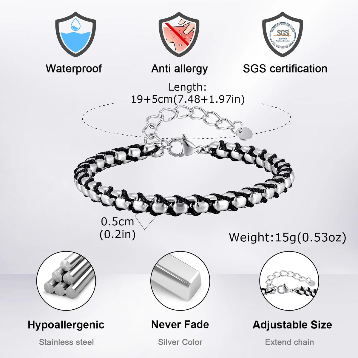 Braided Black Rope Bracelet — Stainless Steel