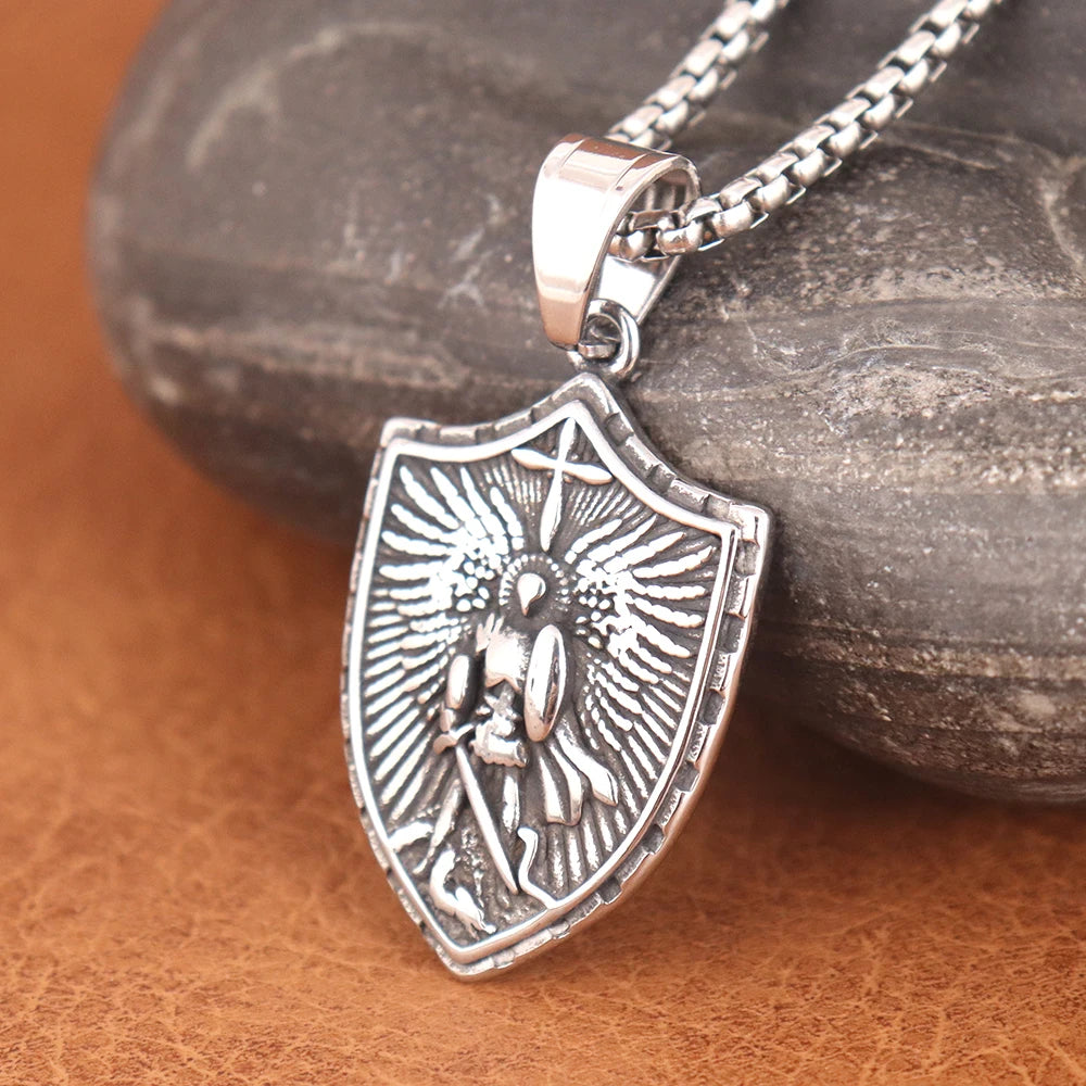 Vintage Saint Angel Shield Necklace Stainless Steel Men Pendant Necklace Classic Archangel Belief Amulet Jewelry Gift Wholesale