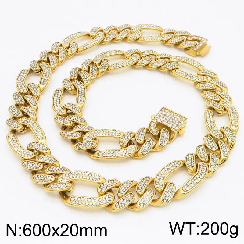 Hip-Hop Jewelry CZ Cuban Chain Man Bracelet Necklace Set Luxury Gold Color 60CM Long Stainless Steel Men's Necklace &