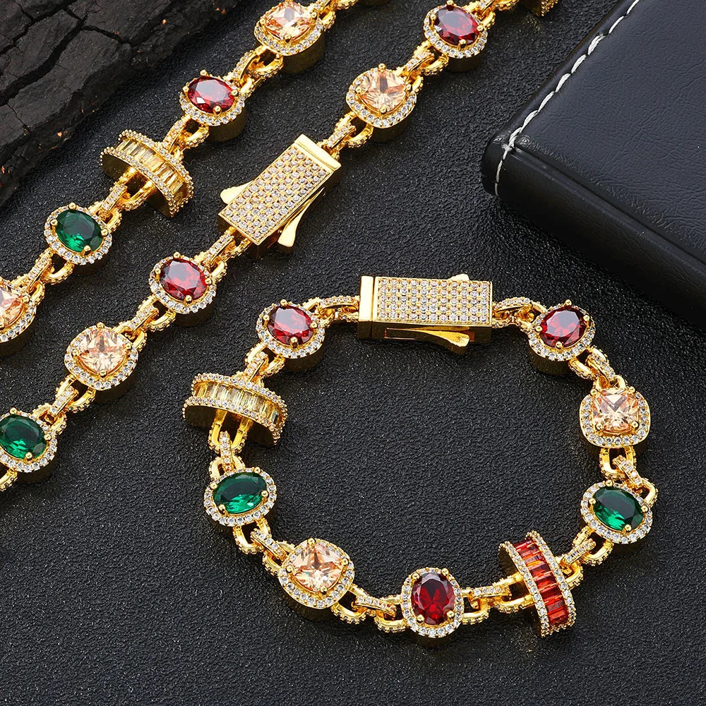 Gold Iced Out Chain Necklace Ruby Emerald 18K