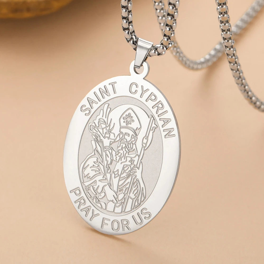 Dawapara Saint Cyprian Medal Necklace Powerful Prayers and Conjurings Michaelmas Catholic Amulet Stainless Steel Jewelry