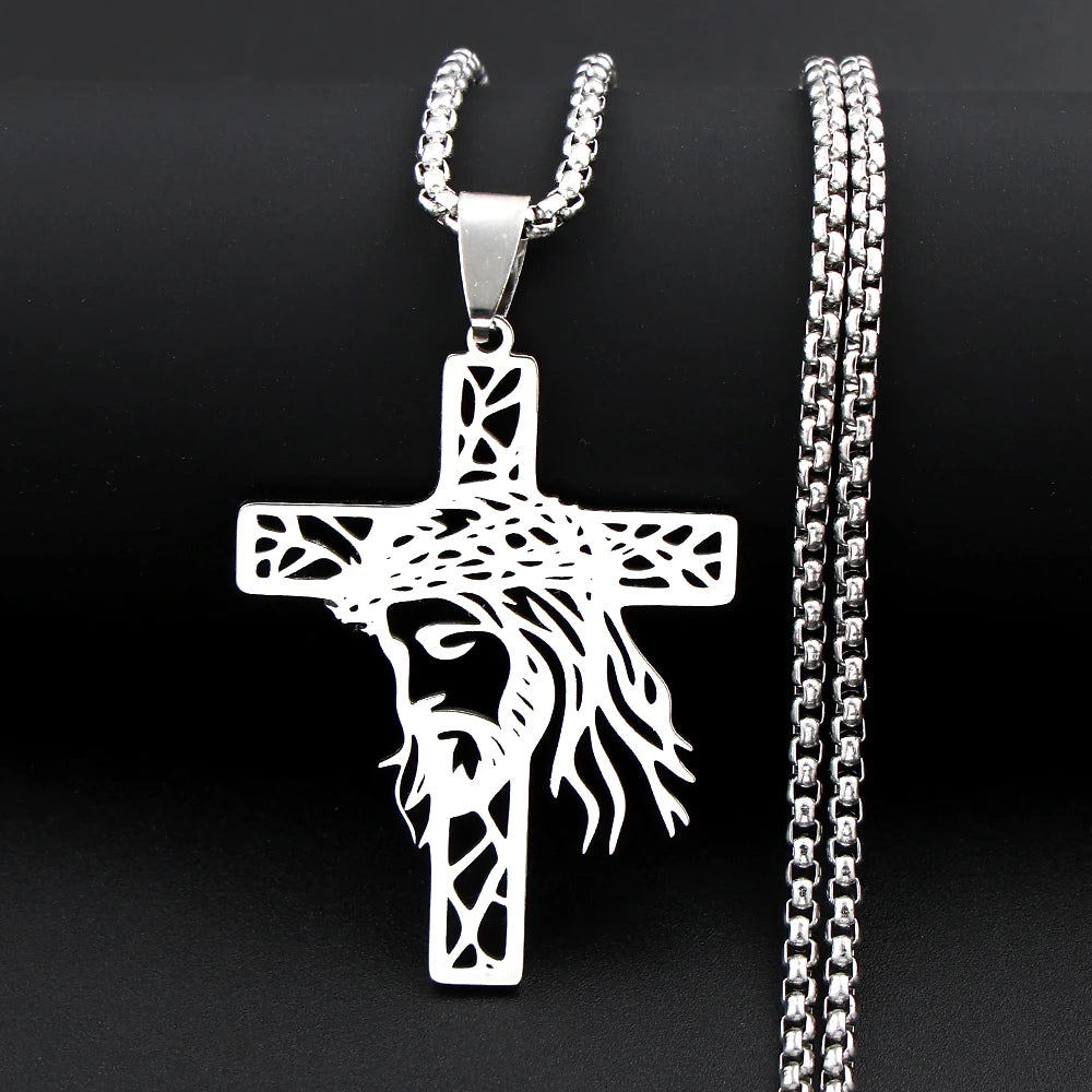 Hollow Crown of Thorns Jesus Cross Pendant Necklace for Women Men Stainless Steel Gold Plated Crucifix Chain Faith Jewelry Gift