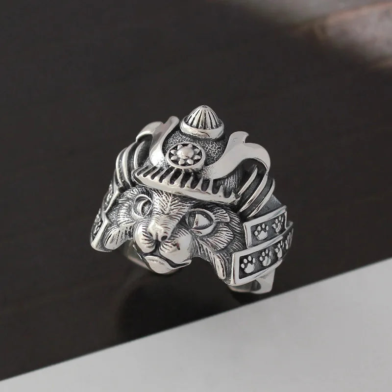 Gothic Samurai Cat Open Ring, Silver-Tone — Zinc Alloy
