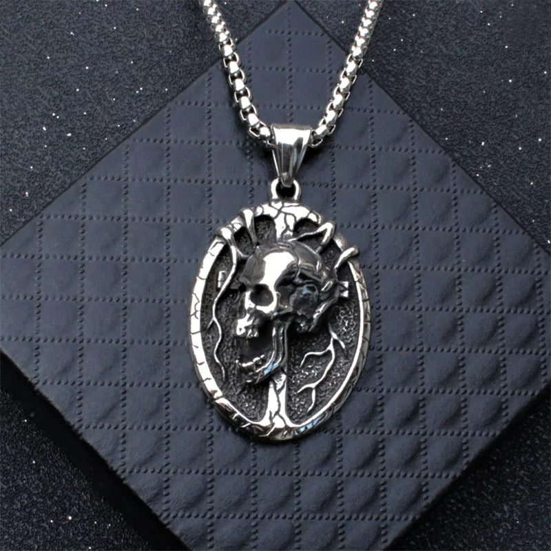 Silver Skull Pendant Necklace Box Chain Stainless