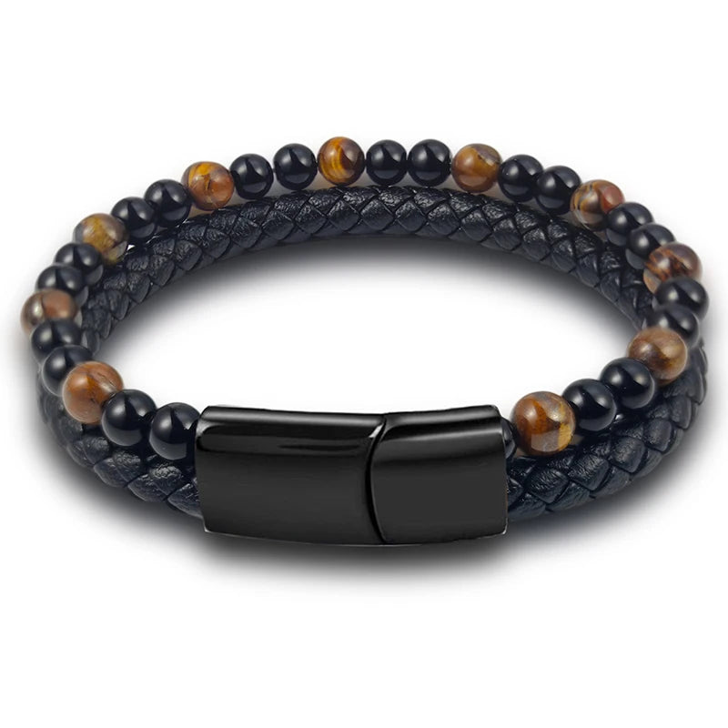 Natural Yellow Tights Eye Stone Beaded Bracelet for Men Vintage Charm Stainless Steel Magnetic Clasp Wrap Bangle Jewelry Gift