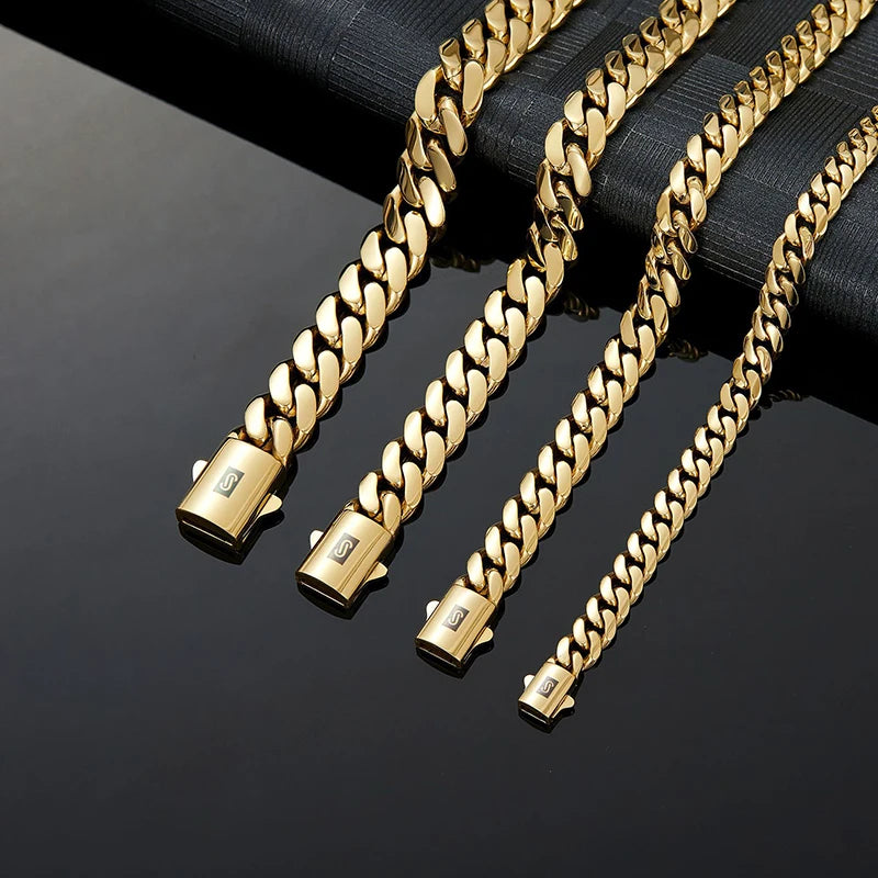 8mm-14mm Hip Hop Bling Gold Color Stainless Steel Cuban Miami Chains Necklaces Link Chain for Men Rapper Jewelry