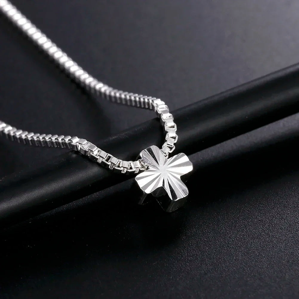 Silver Cross Charm Box Chain Necklace — 18 Inch