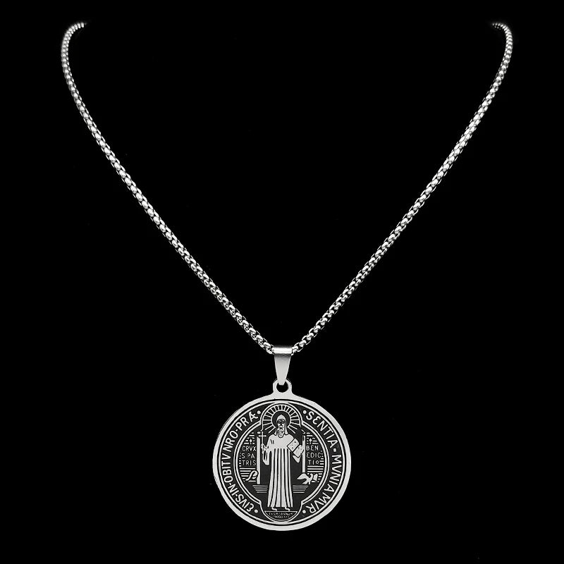 Saint Benedict Medallion Pendant Necklace for Women Men Stainless Steel Black Color Christian Spiritual Chain Jewelry N2588-6S02