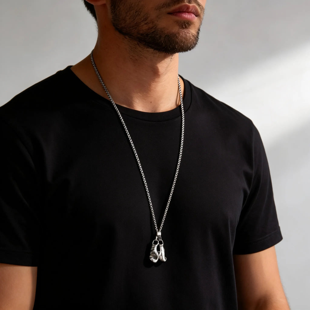 Men's Stainless Steel Boxing Glove Pendant Necklace, Adjustable Drawstring Long Chain Necklace, Creative Fashion Jewelry for Men