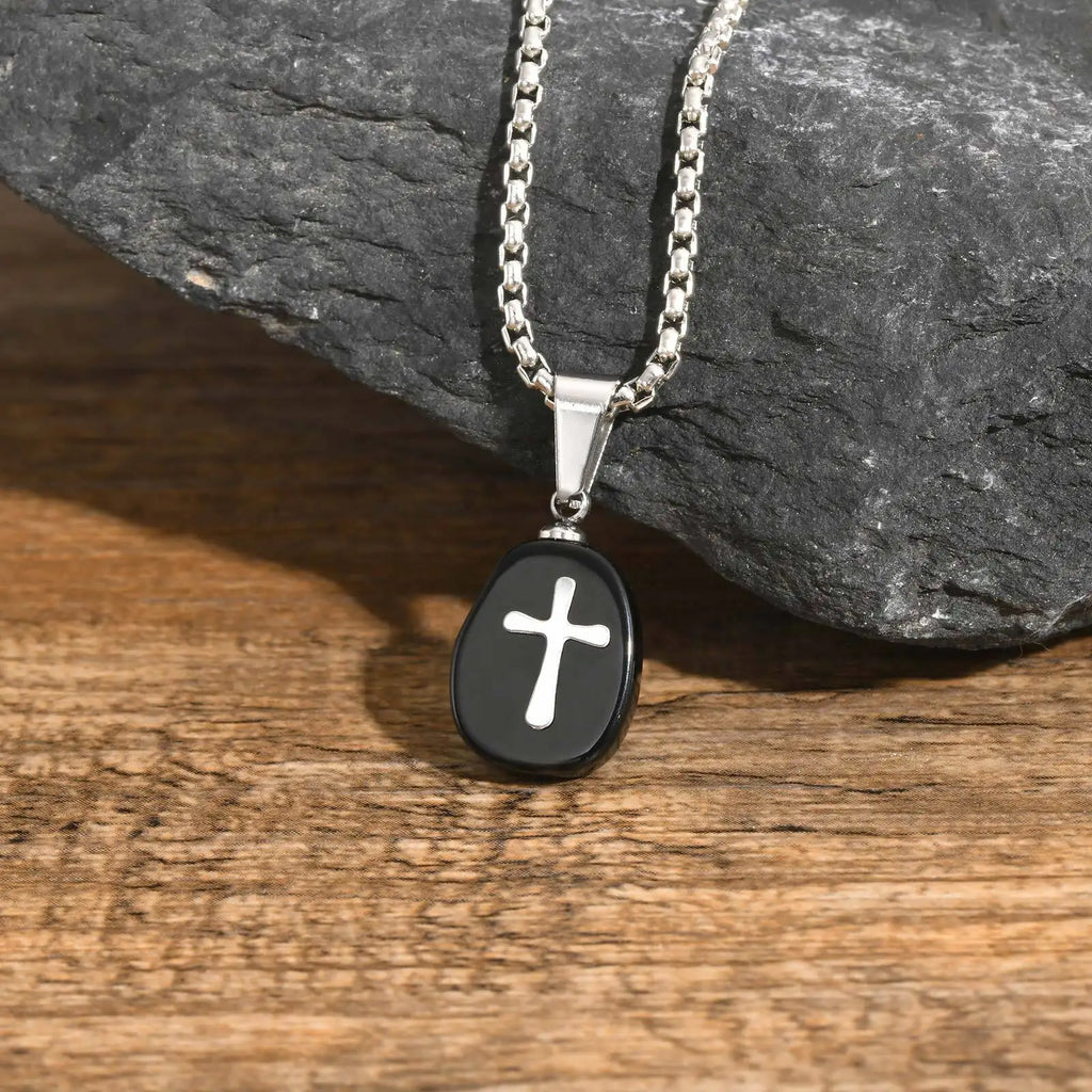 Small Natrual Stone Necklaces for Men Boys,Black Stone Stainless Steel Pendant Necklace,Hip Hop Stylish Jewelry Gifts