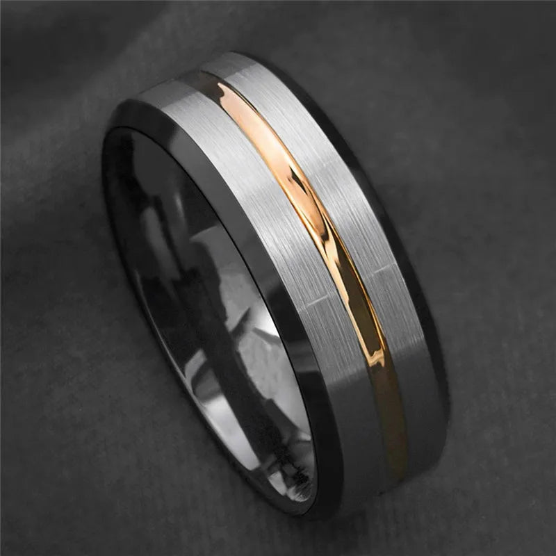 Fashion 8mm Men's Black Tungsten Wedding Band Rings Blue Groove Beveled Edge Knuckle Ring For Boyfriend Father's Day