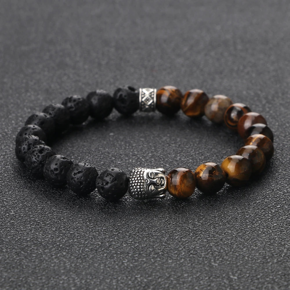 Tibetan Buddha Head Bracelets 8MM Natural Stone Tiger Eye Lava Beads Bangles For Women Men Fashion Couple Prayer