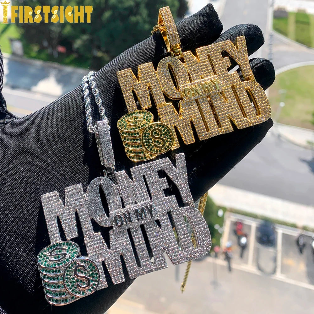 New Hip Hop Money Pendant Necklace Gold Color Iced Out Bling CZ Cubic Zirconia Letters Rich Dollar Charm Men Women