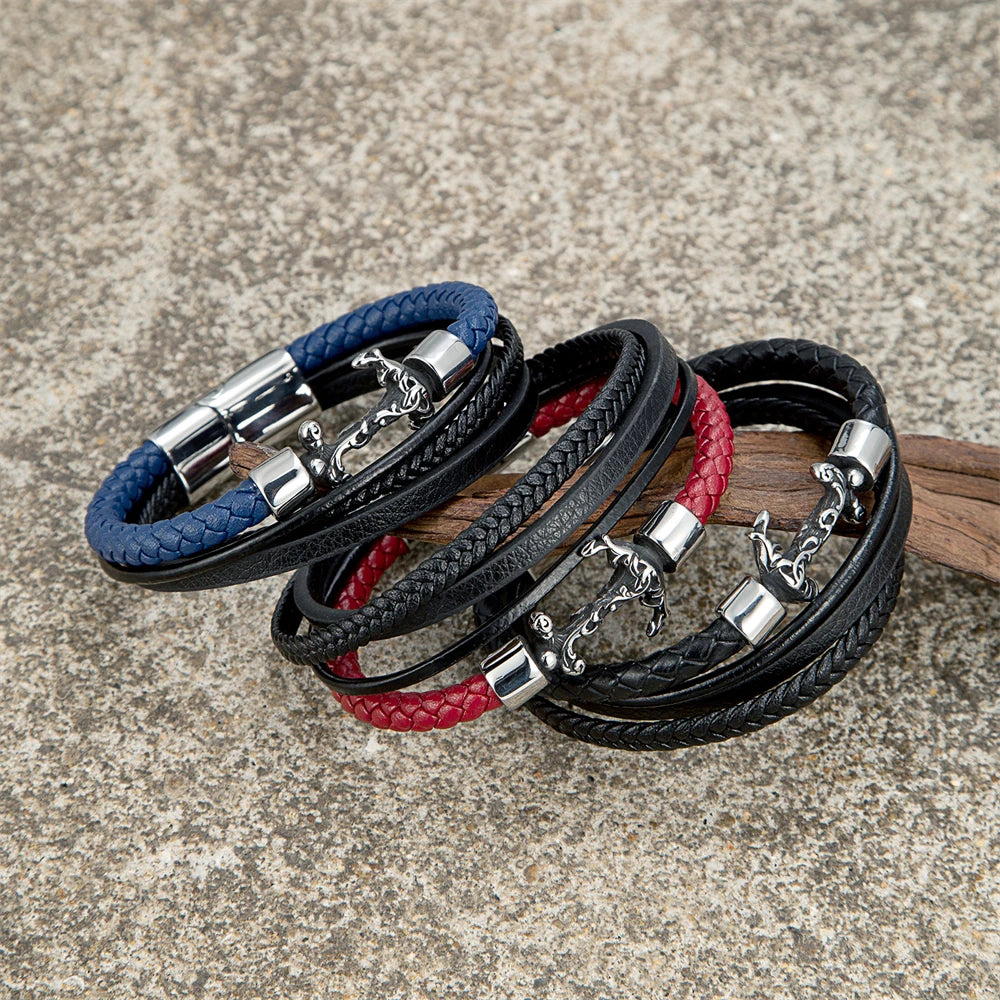 Men's Handmade Anchor Bracelet Women Punk Vikings Stainless Stee Multi-layer Leather Bangle Vintage Nautical Style