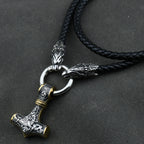 Men stainless steel Wolf head norse viking amulet thor hammer pendant necklace leather chain