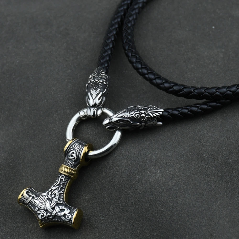 Men stainless steel Wolf head norse viking amulet thor hammer pendant necklace leather chain